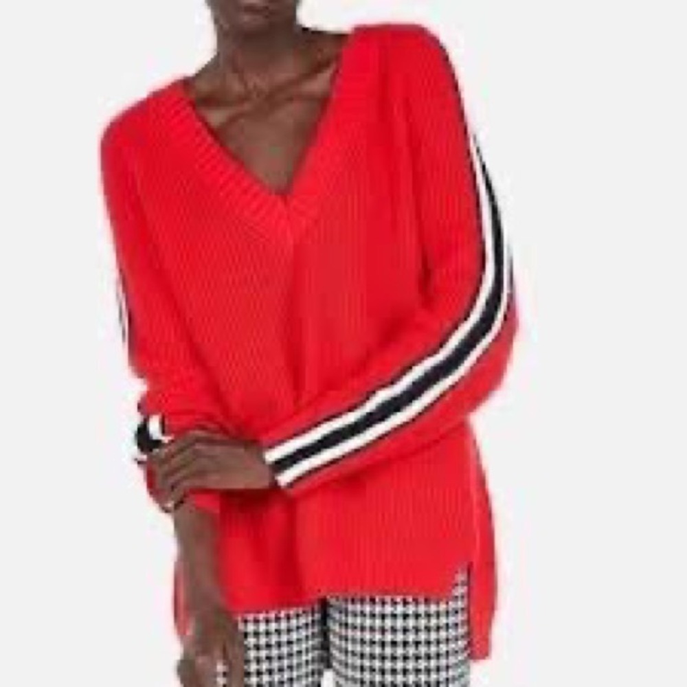 2/$25 Express Bright Red Striped Knit Woven Pullover Bold Chunky Thick Sweater S - Picture 1 of 15